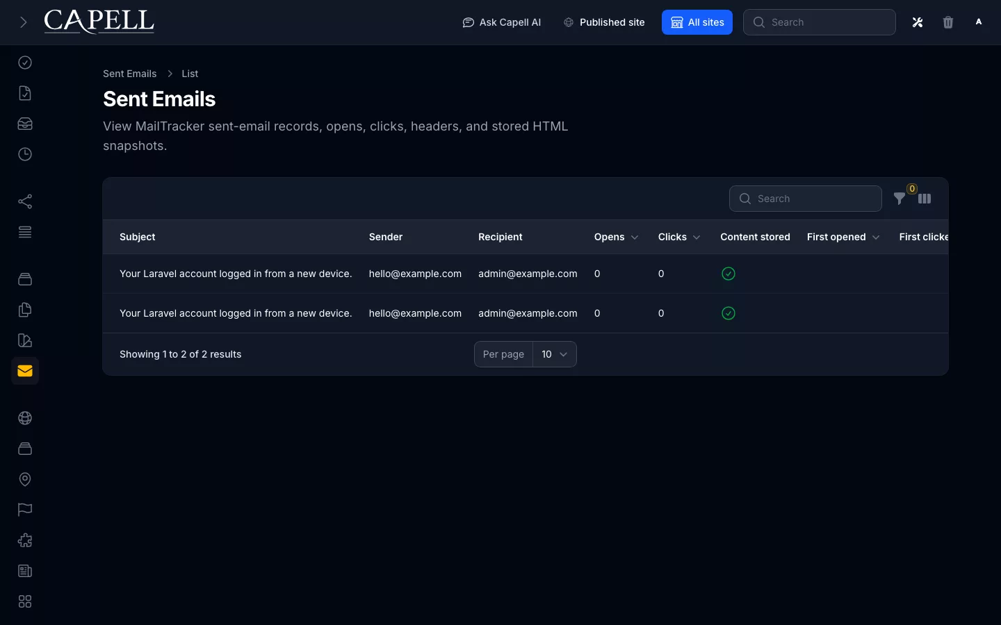 Email Studio sent emails table with MailTracker opens and clicks in dark mode