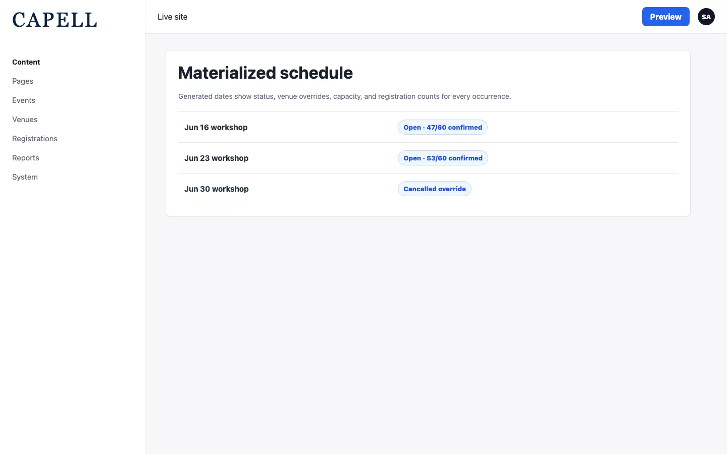 Event occurrences admin table with generated schedule and capacity state