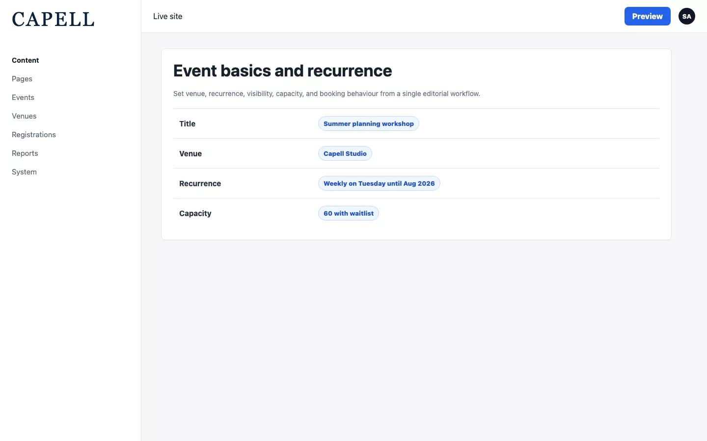 Create event form with schedule, recurrence, venue, and capacity settings