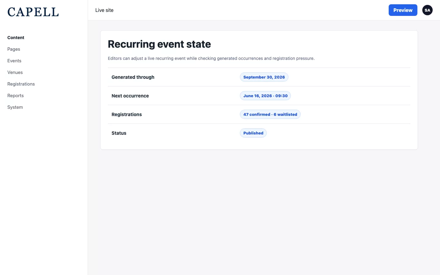 Edit event form showing generated occurrence and registration state