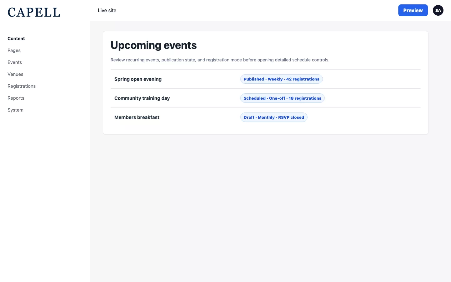 Events admin table with recurring event status and registration counts