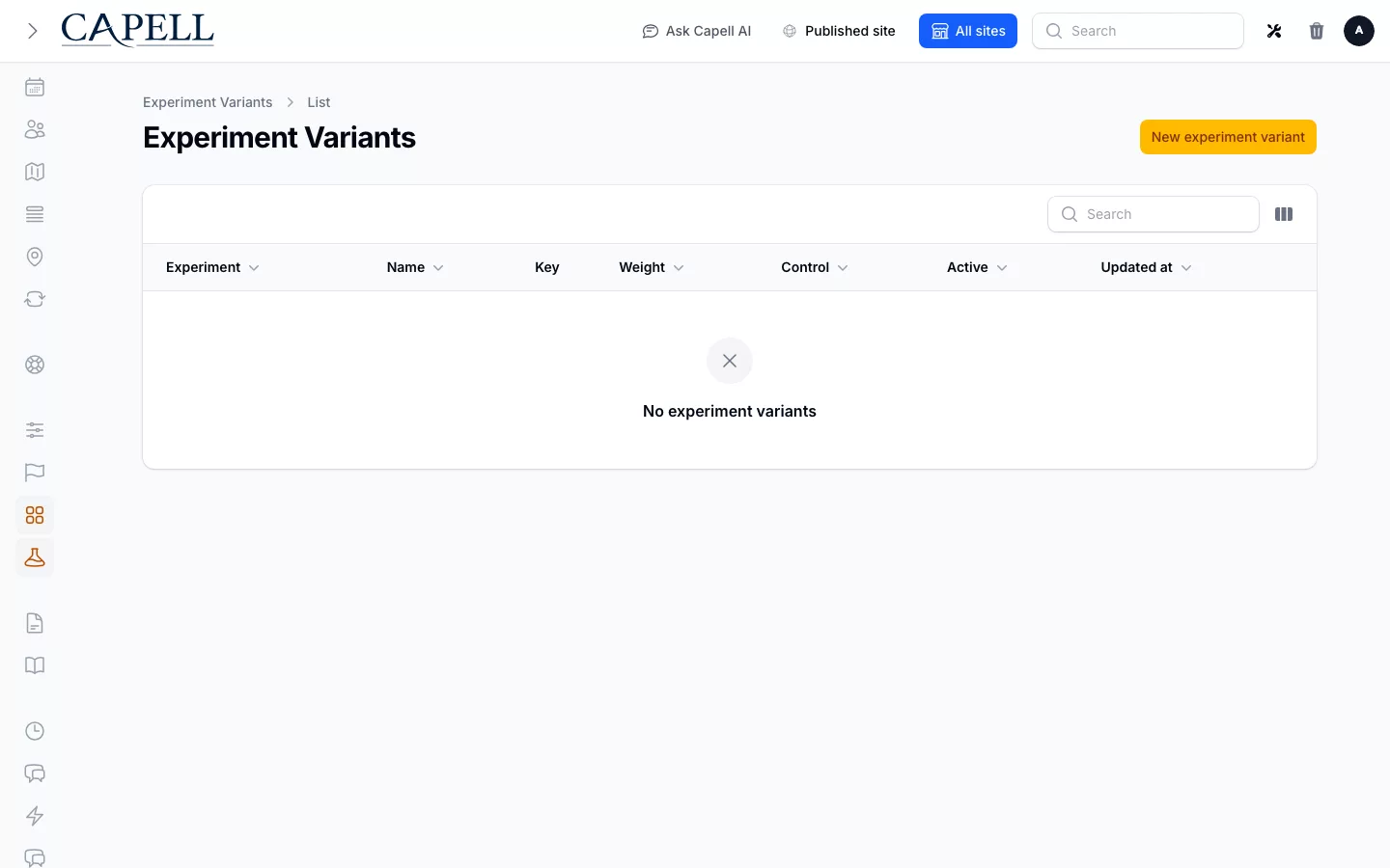 Capell admin Experiment Variants table showing control and guided demo variants with weights and active state.