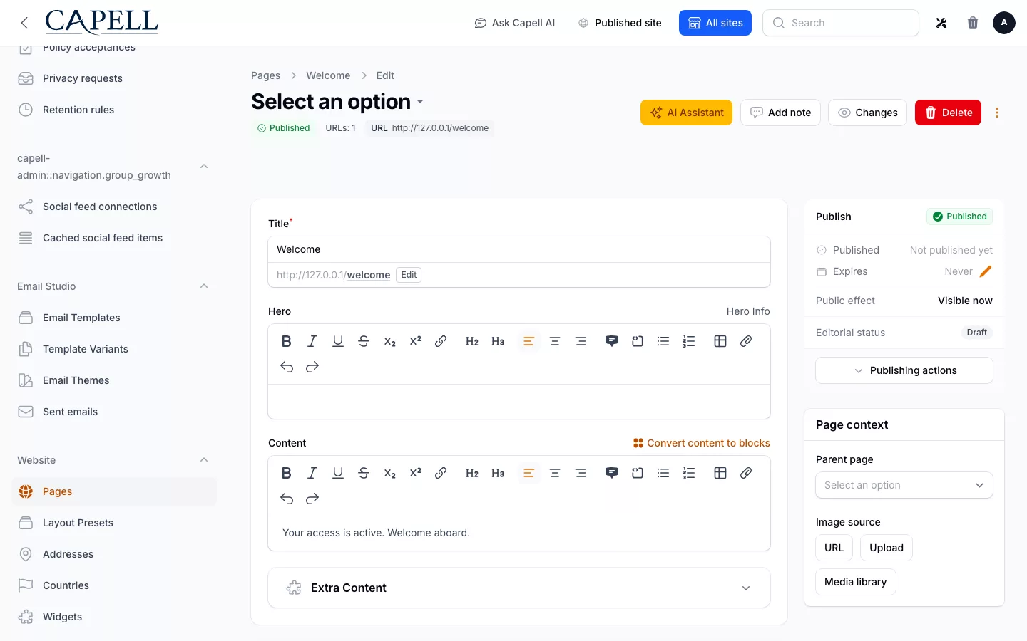 Filament Peek screenshot showing page edit preview actions with admin sidebar menu open.