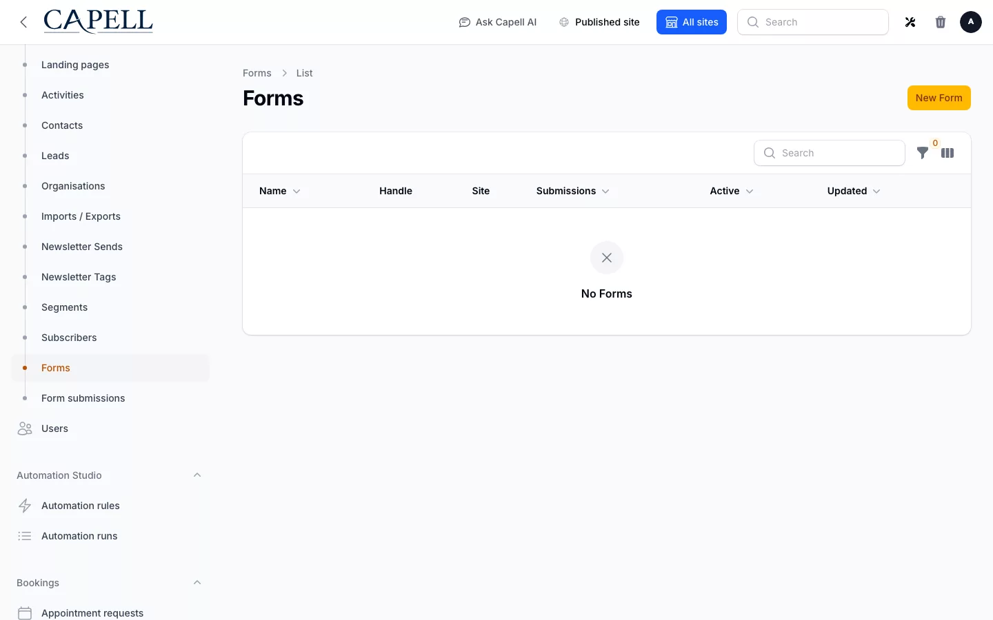 Form Builder screenshot showing formbuilder admin index with admin sidebar menu open.