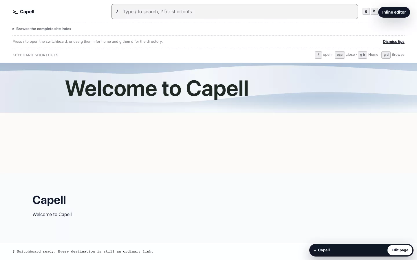 Frontend Authoring screenshot showing capell app frontend authoring working on the public homepage.
