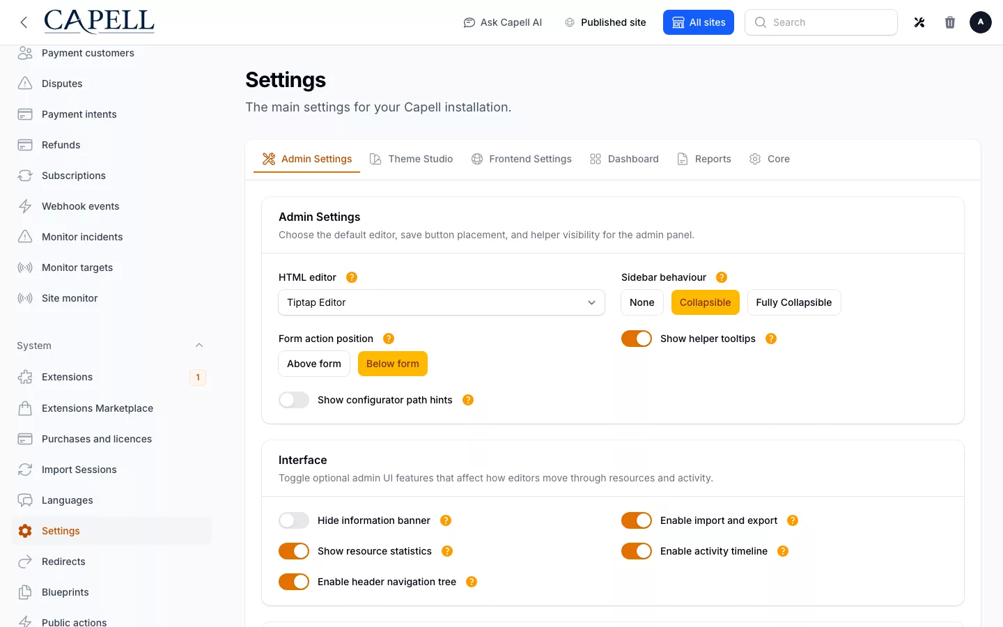 Frontend Authoring screenshot showing beacon network request with admin sidebar menu open.