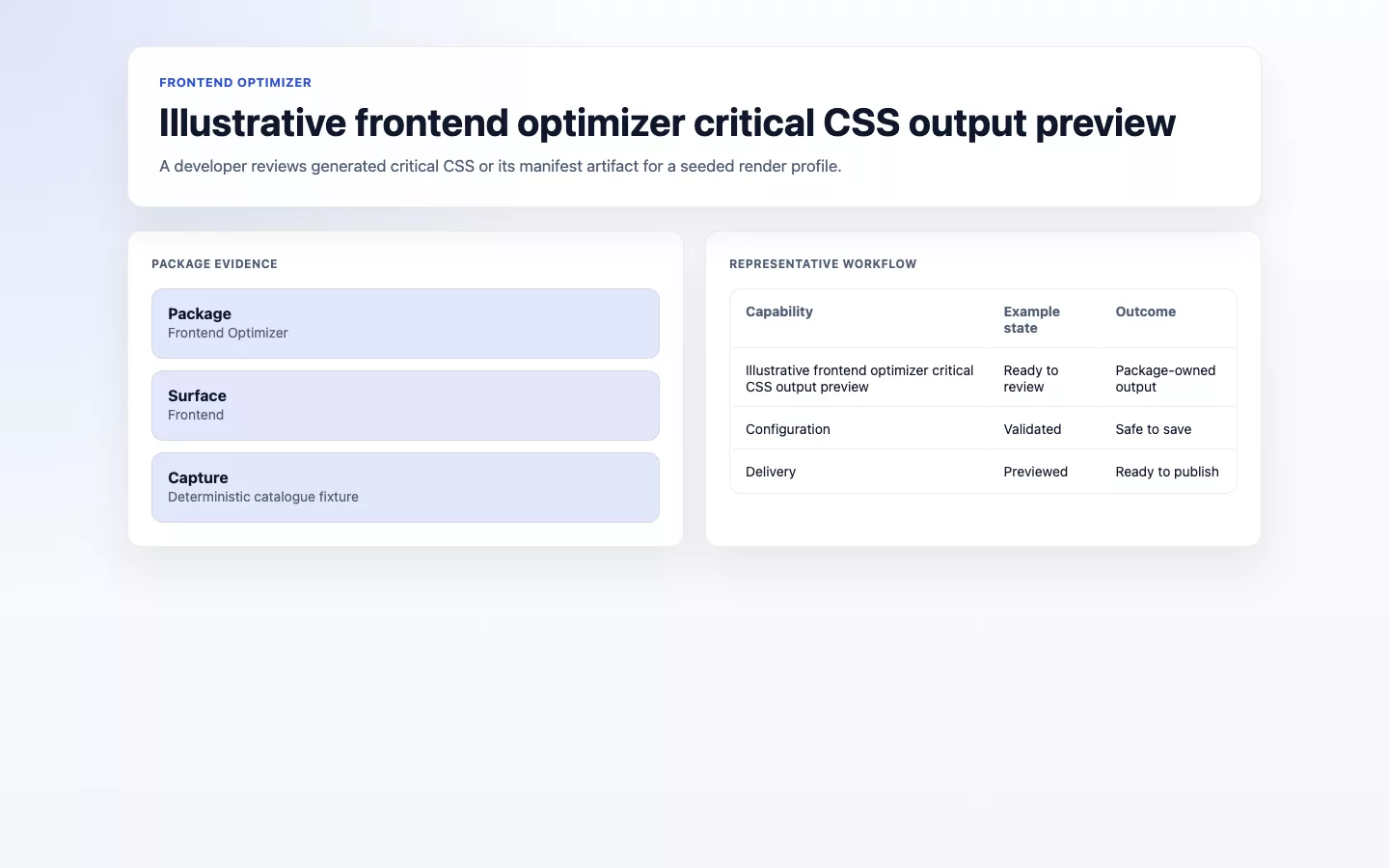 Frontend Optimizer screenshot showing illustrative frontend optimizer critical css output preview.