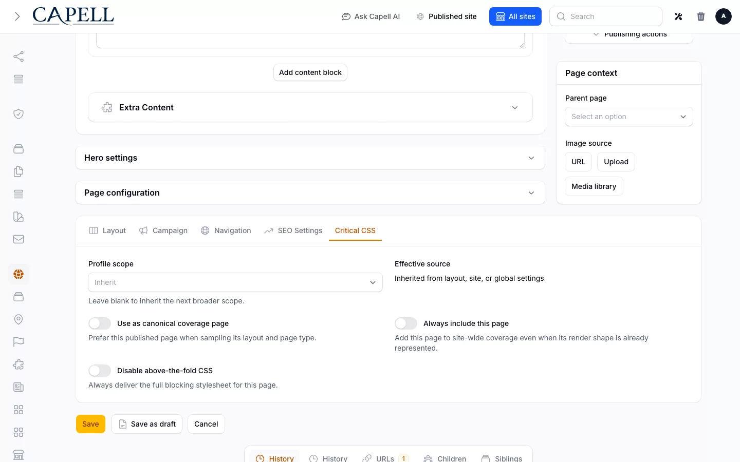 Frontend Optimizer Critical CSS controls on the installed Page edit form