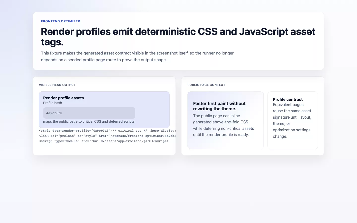 Frontend Optimizer screenshot showing frontend optimizer profile asset output.
