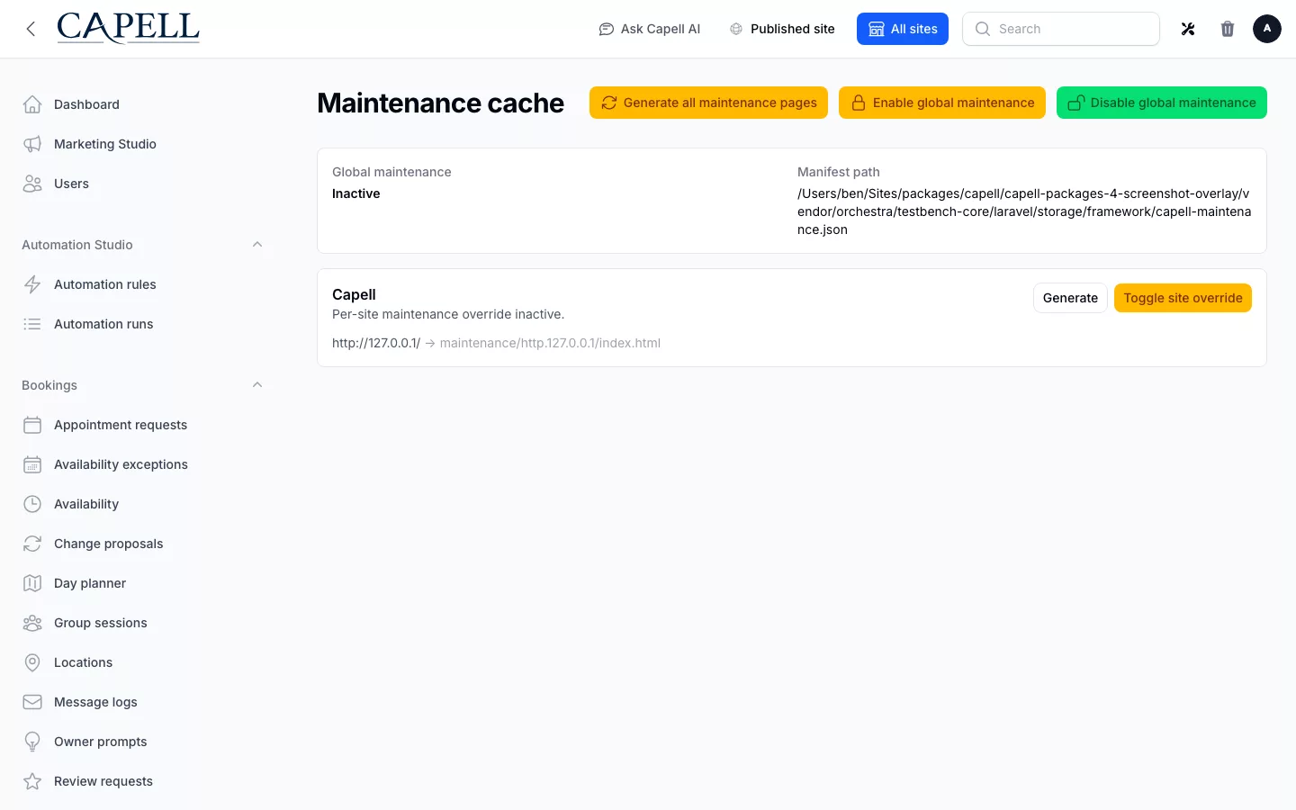 HTML Cache screenshot showing html cache maintenance cache page with admin sidebar menu open.
