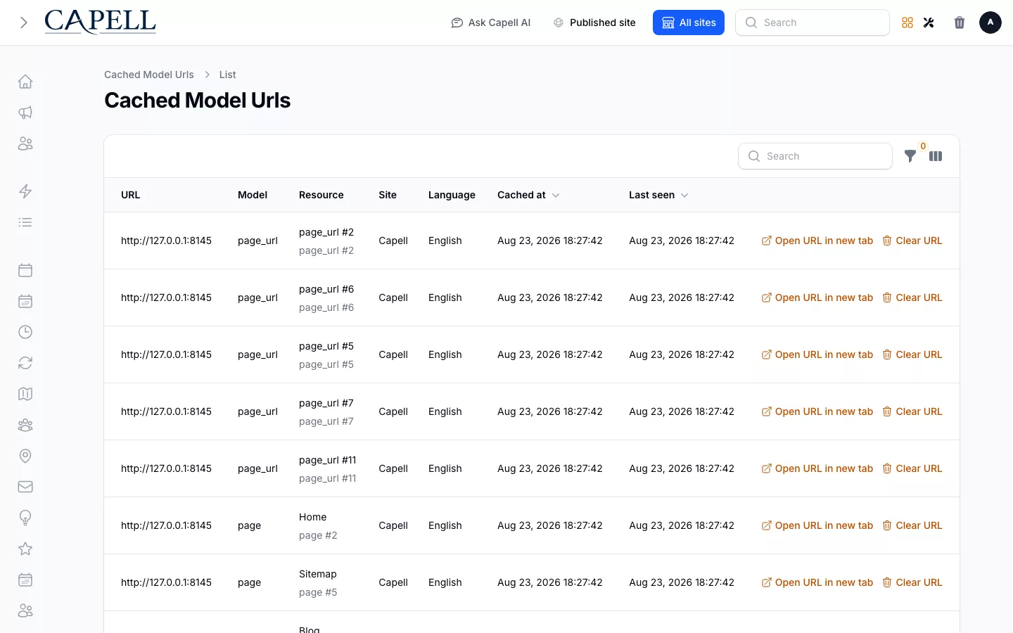 HTML Cache screenshot showing cached model urls resource index.