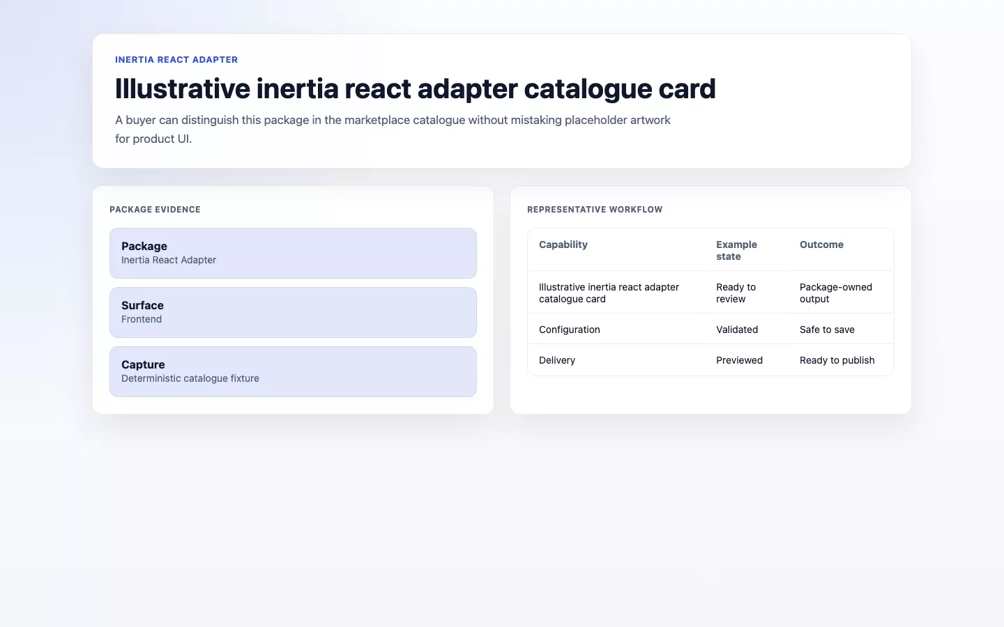 Inertia React Adapter screenshot showing illustrative inertia react adapter catalogue card.