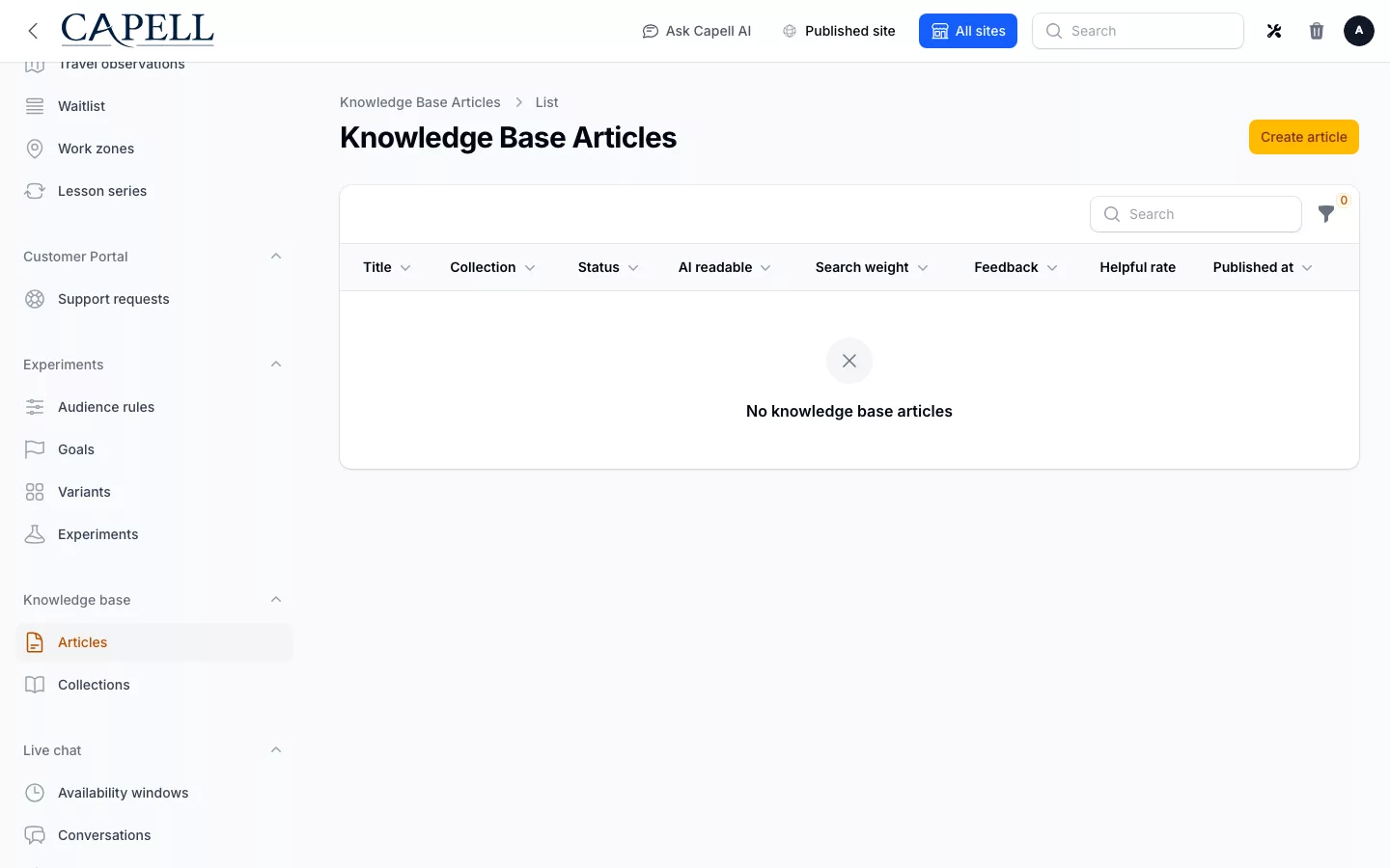 Knowledge Base screenshot showing knowledge base articles admin index with admin sidebar menu open.