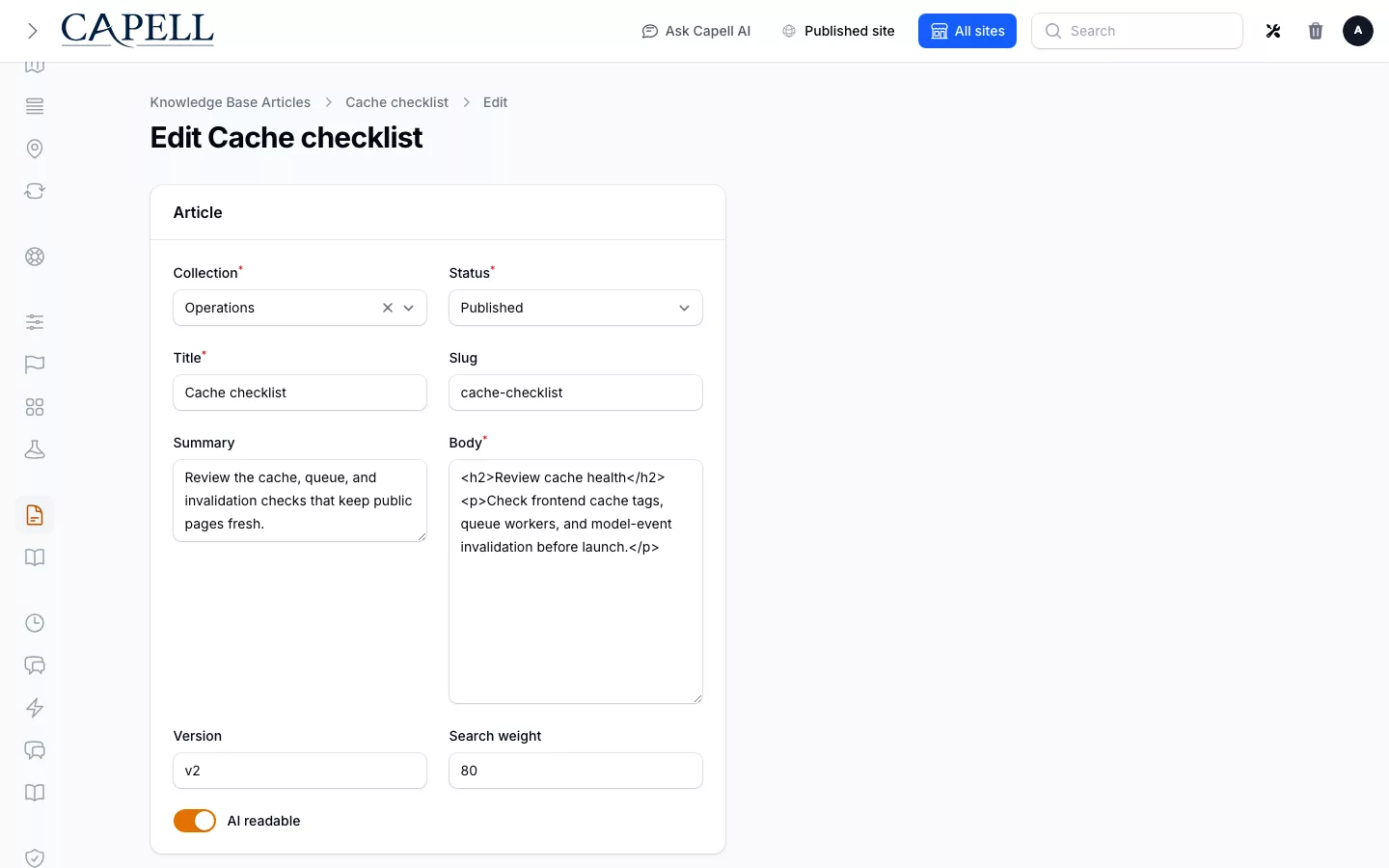 Capell admin edit form for the Installing Capell article showing collection, status, title, slug, body, version, search weight, and AI readable fields.