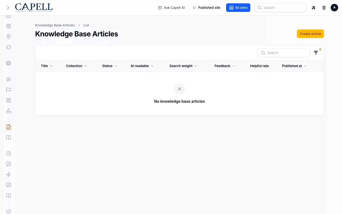Capell admin Knowledge Base Articles table showing published and draft articles, collection, AI readable status, search weight, and publish date.