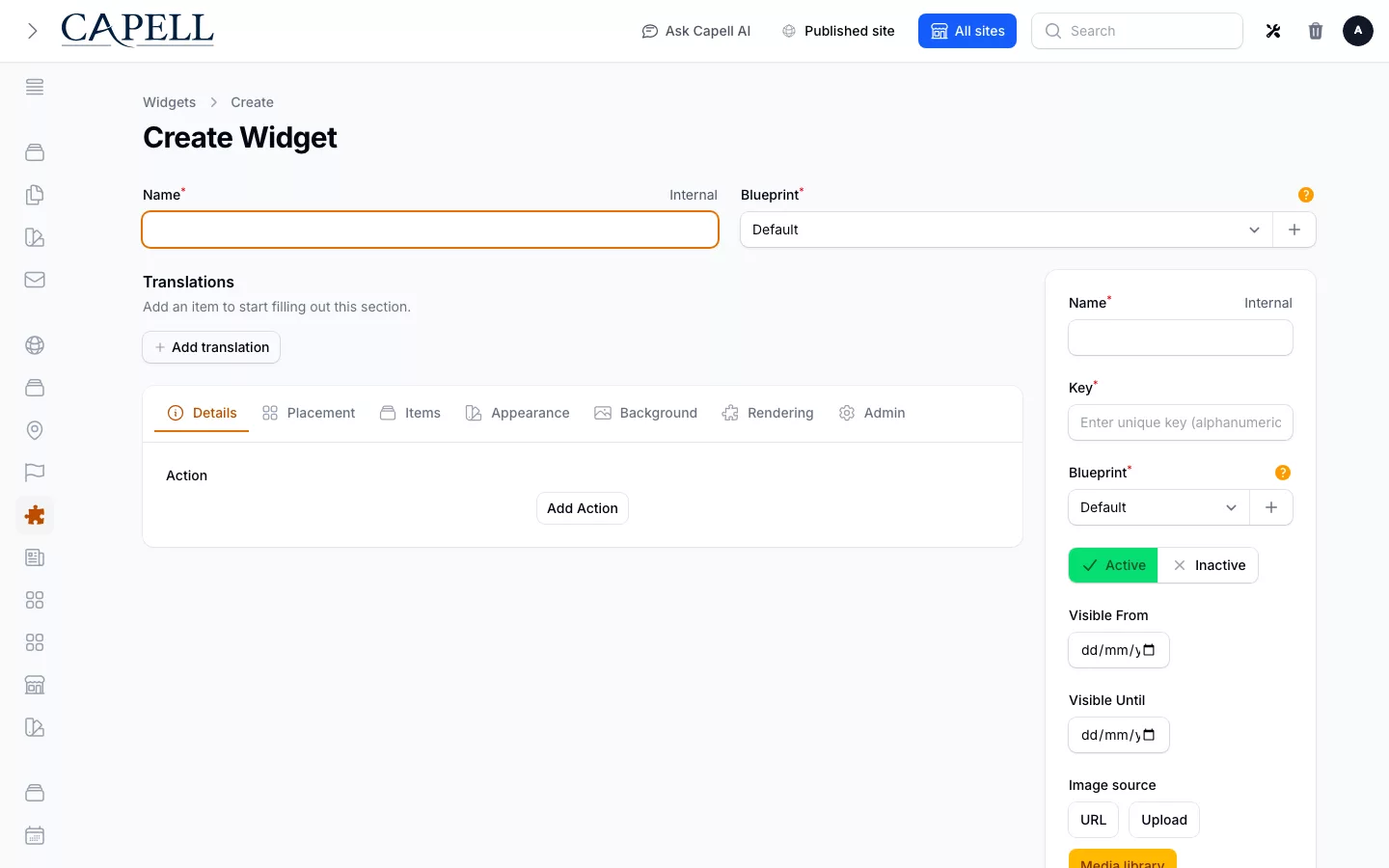 Layout Builder Create Widget form with translation and presentation tabs