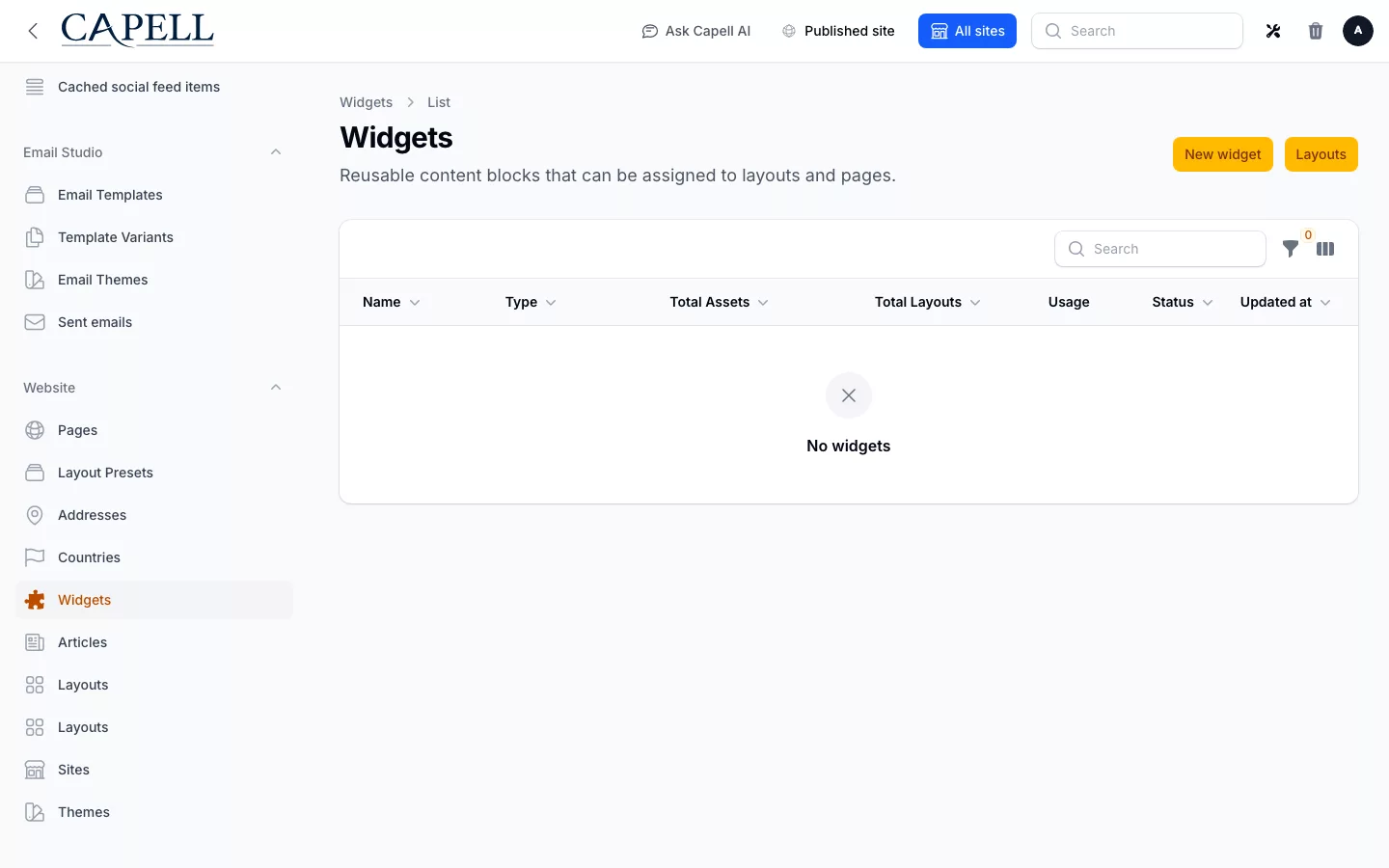 Layout Builder screenshot showing widgets admin index with admin sidebar menu open.