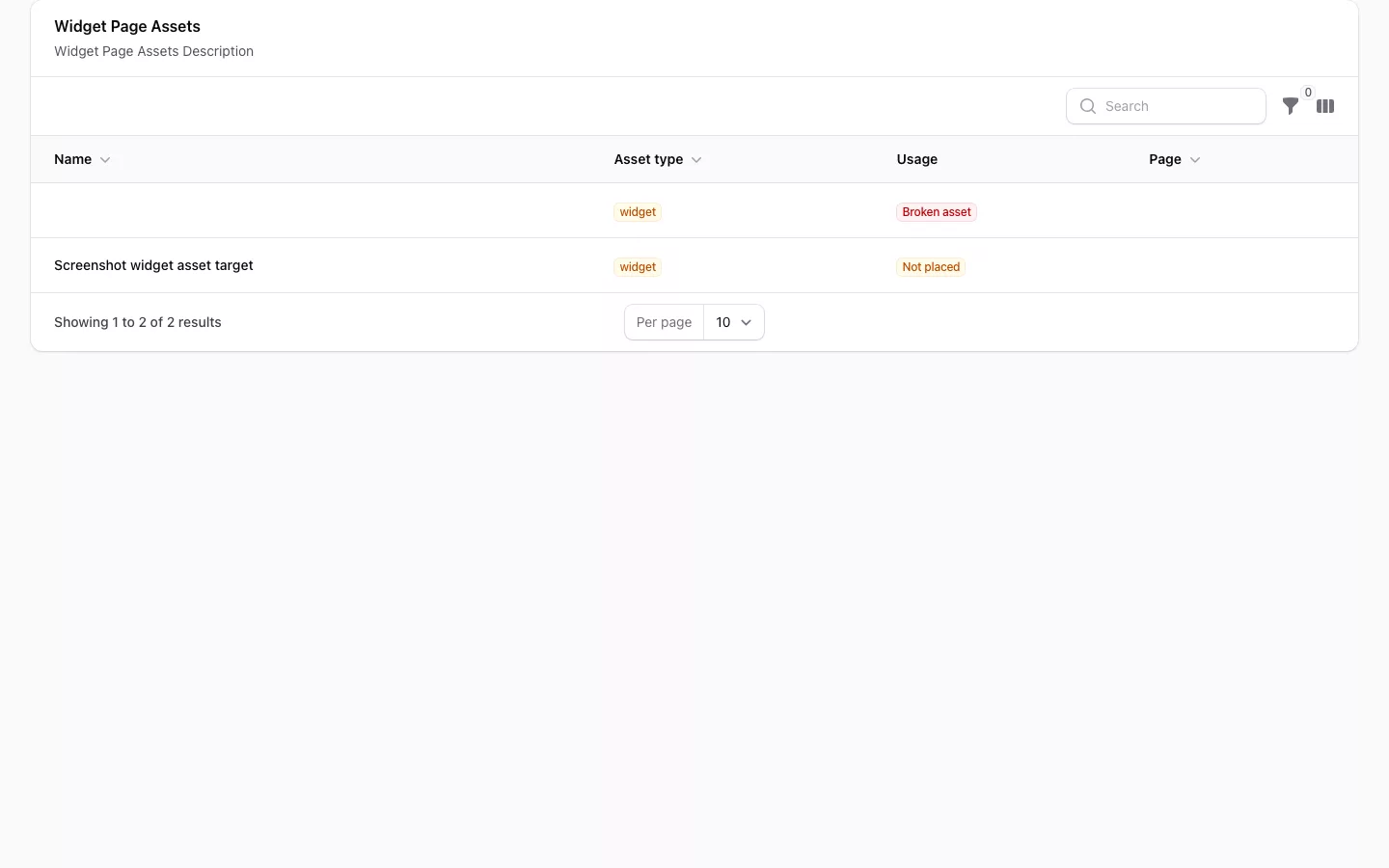 Layout Builder screenshot showing broken and unscoped widget asset integrity states.