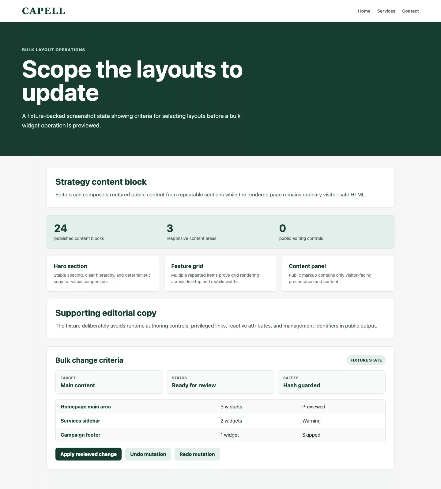Layout Builder screenshot showing layout builder bulk change criteria fixture.