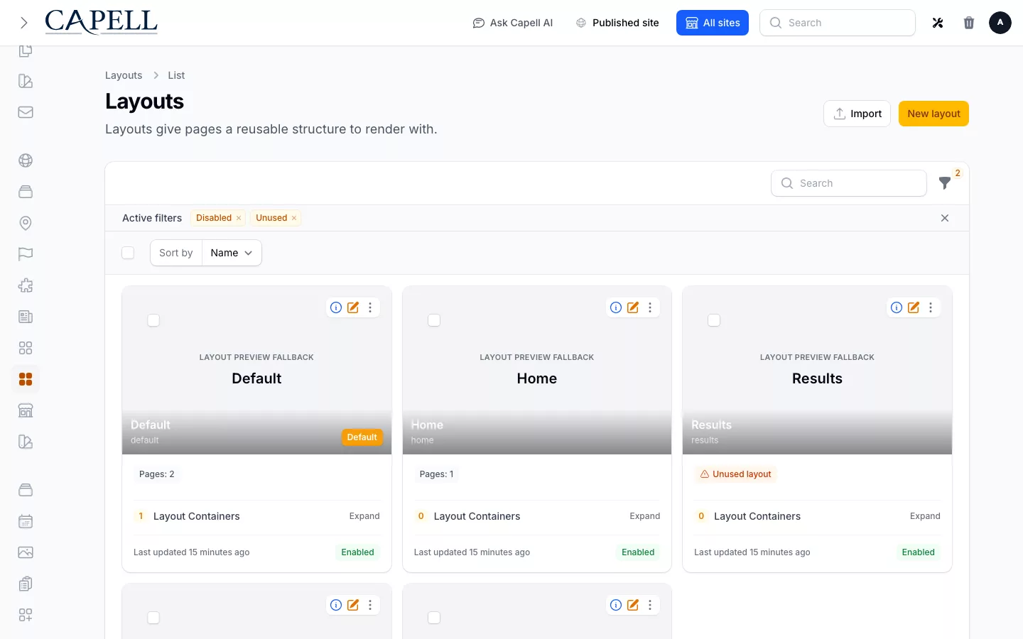 Layout Builder layouts admin index with seeded layout cards
