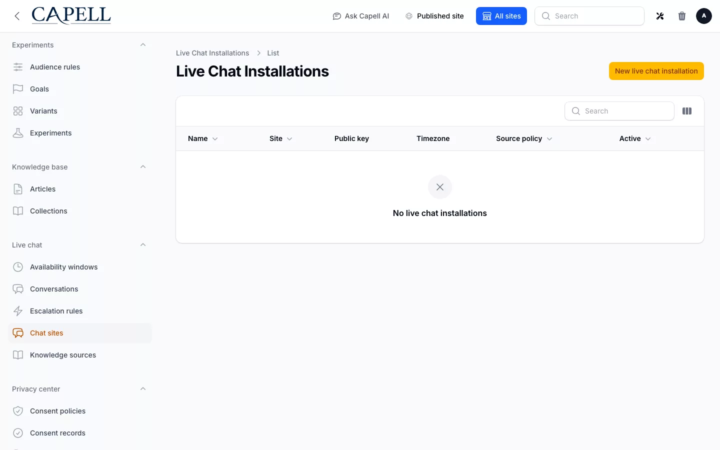 Live Chat screenshot showing live chat chat sites and installation settings with admin sidebar menu open.