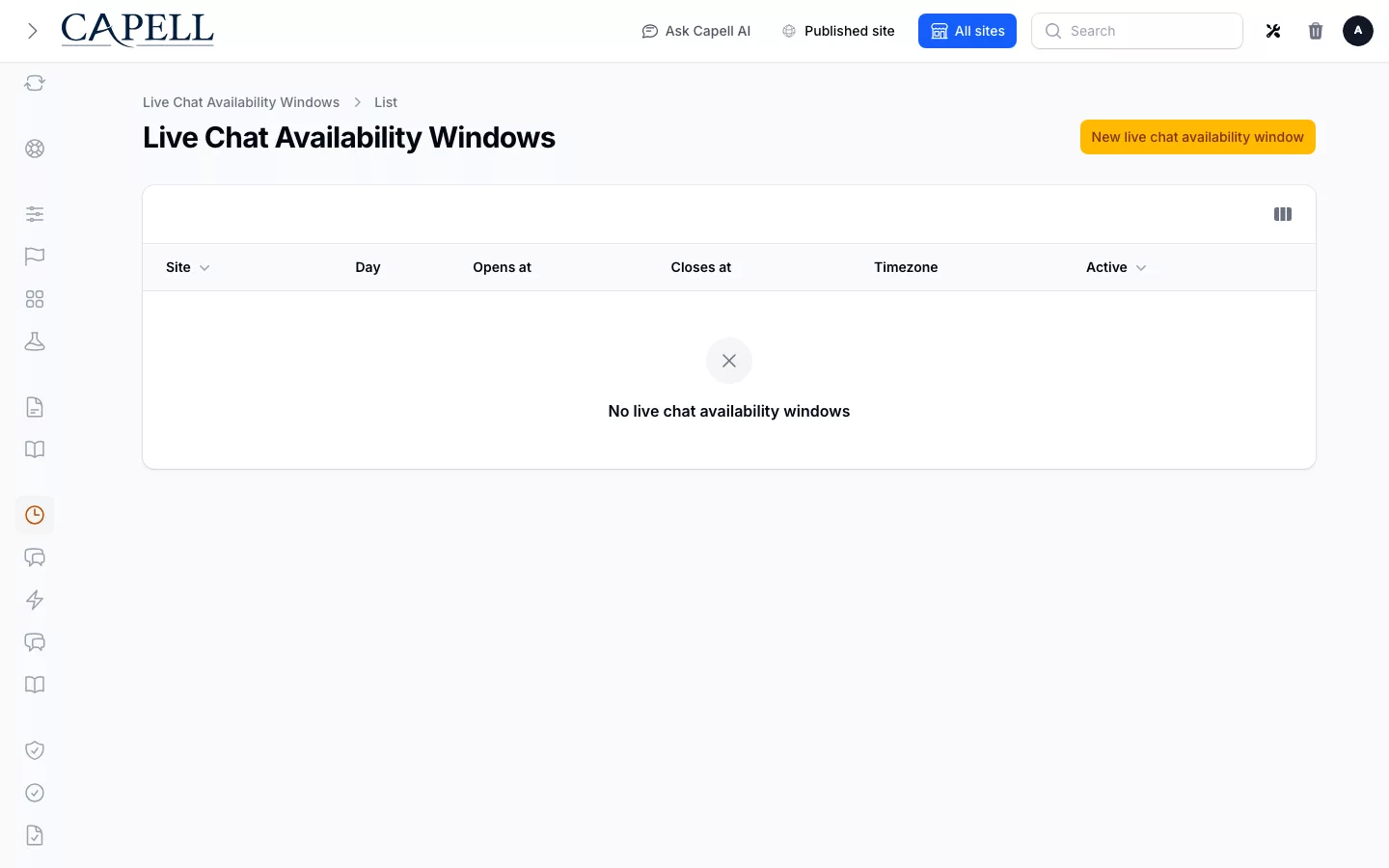 Live Chat screenshot showing live chat availability windows.