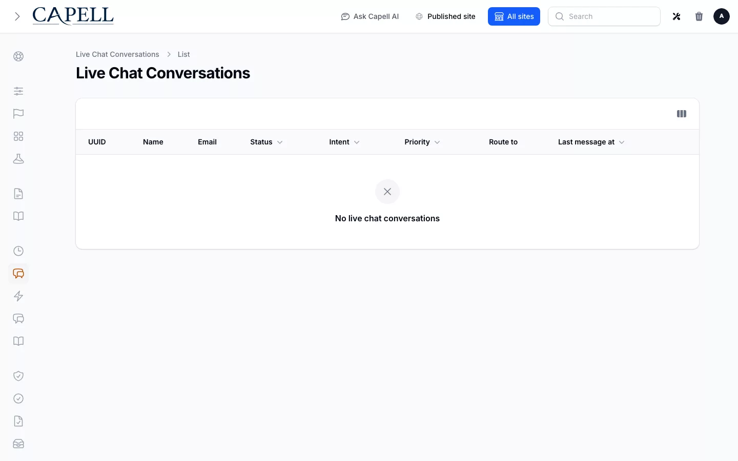 Live Chat screenshot showing live chat conversation detail with transcript and handoff state.