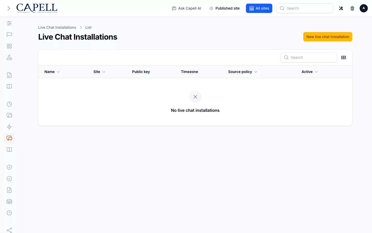 Live Chat screenshot showing live chat chat sites and installation settings.