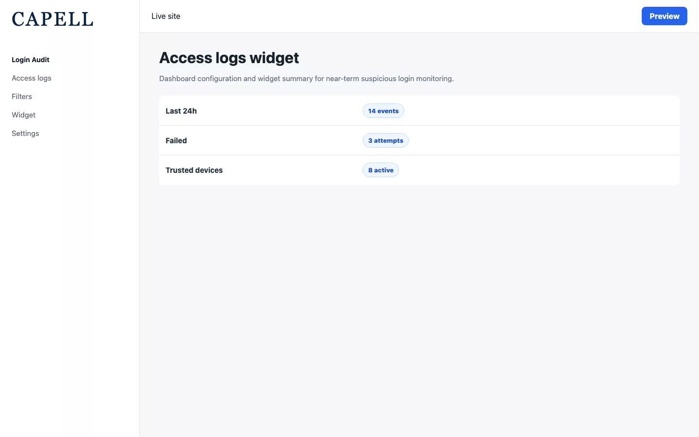 Login Audit dashboard widget showing recent access activity