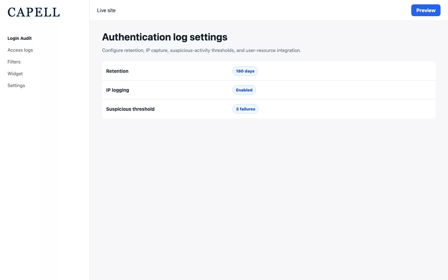 Login Audit settings for retention, IP tracking, and visibility