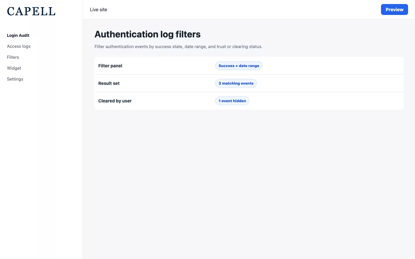 Login Audit table filters for access status and login date range