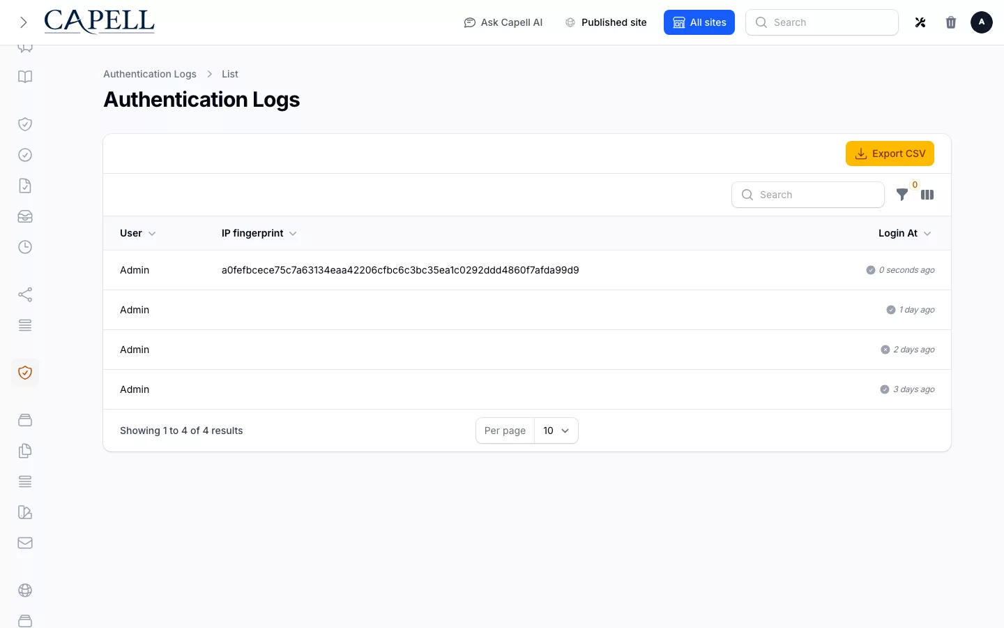 Login Audit admin index listing successful and failed authentication events