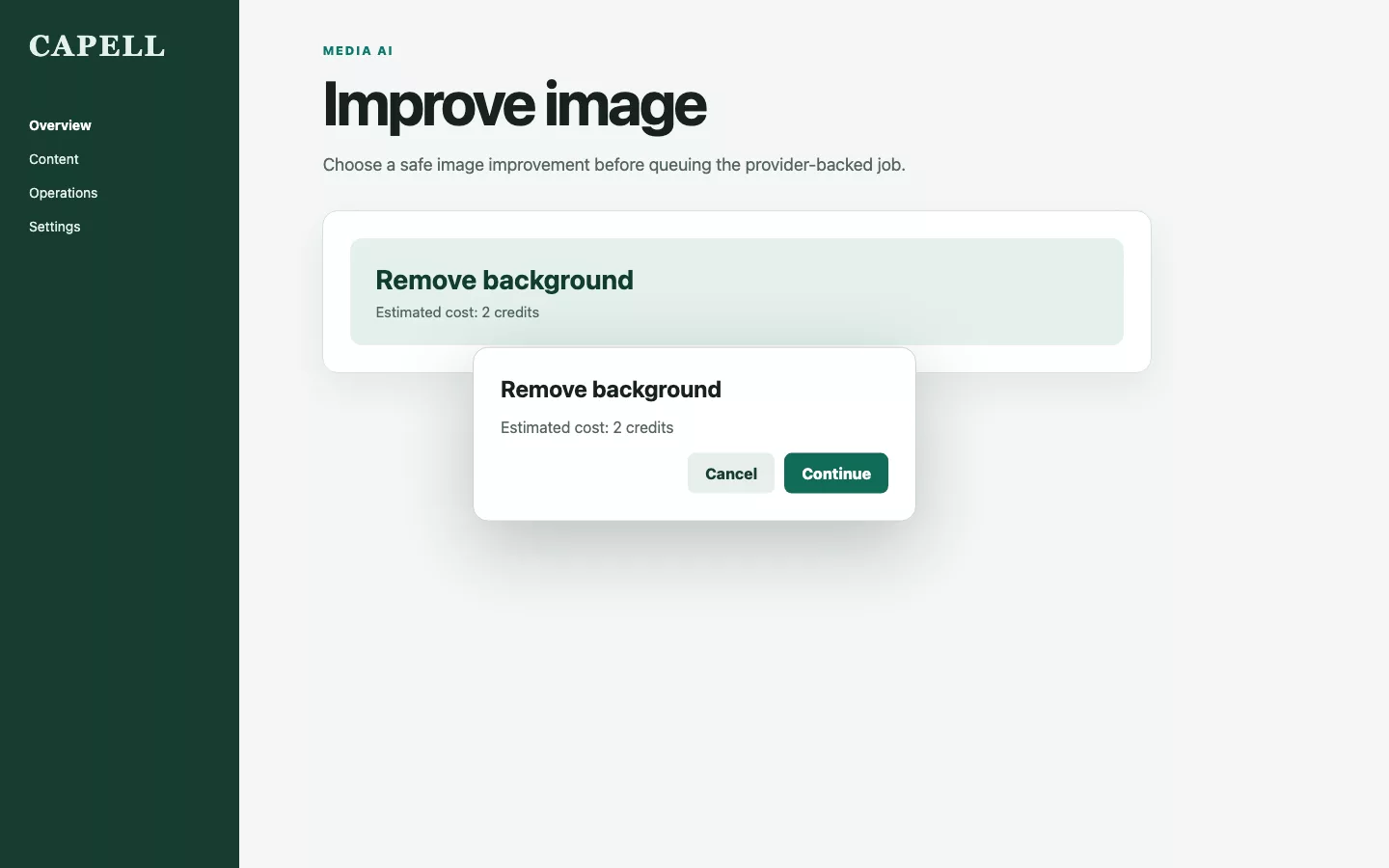 Media AI screenshot showing doctor image action modal with provider configured.