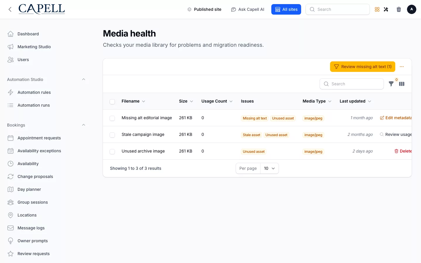 Media Library screenshot showing media health page with admin sidebar menu open.