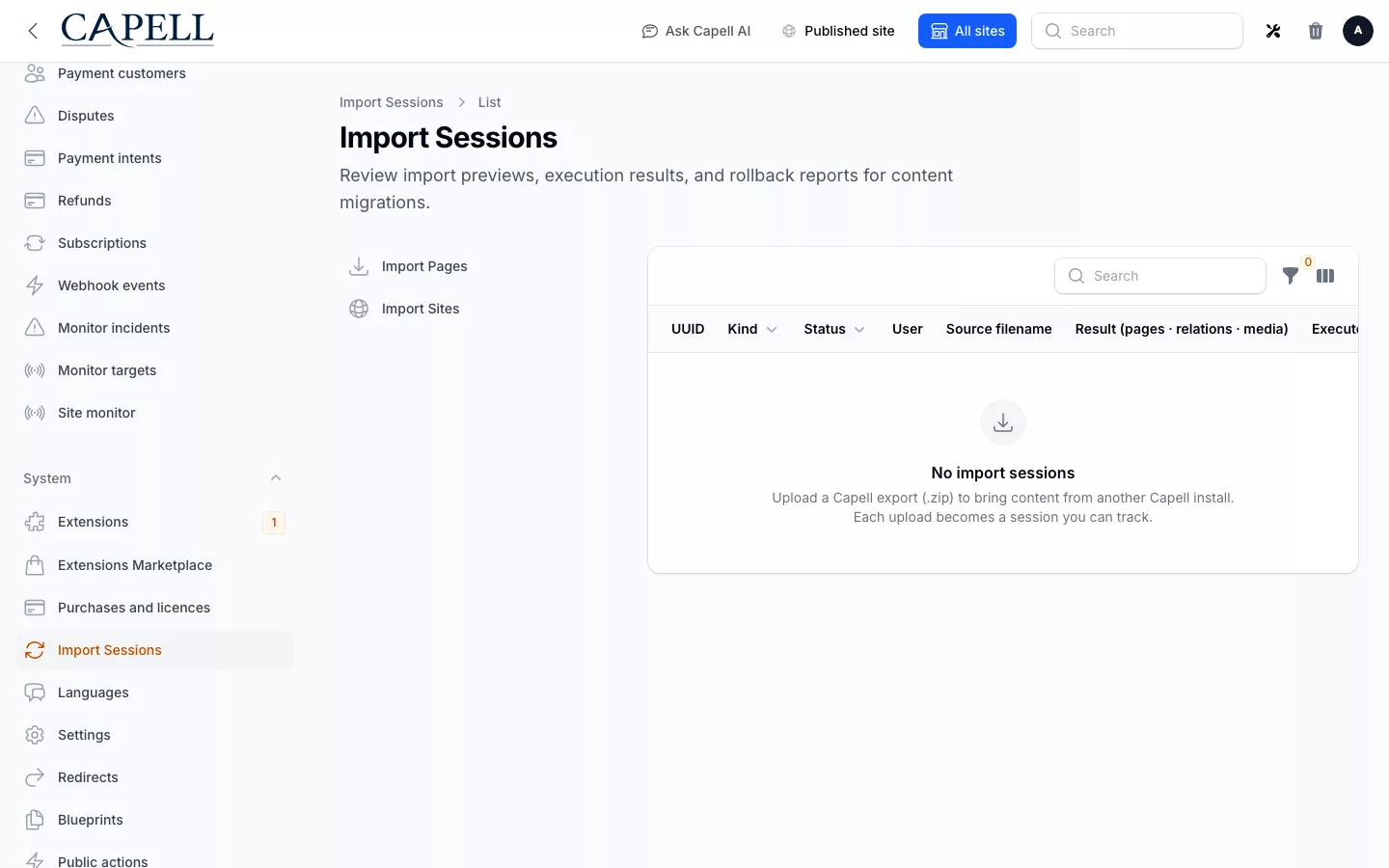Migration Assistant screenshot showing import session index or host admin surface with admin sidebar menu open.