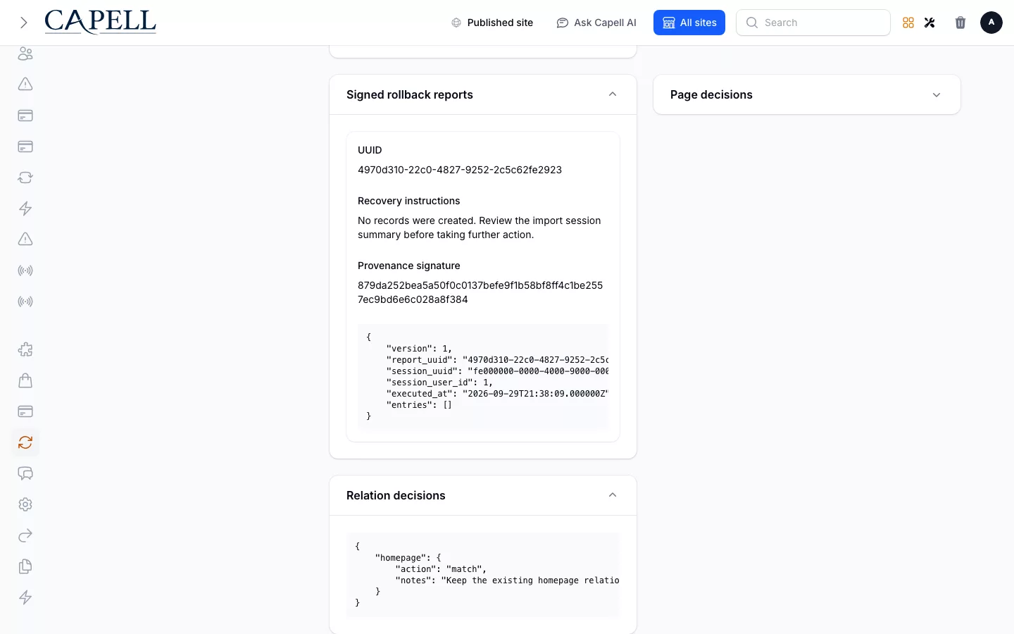 Migration Assistant screenshot showing relation resolution review.