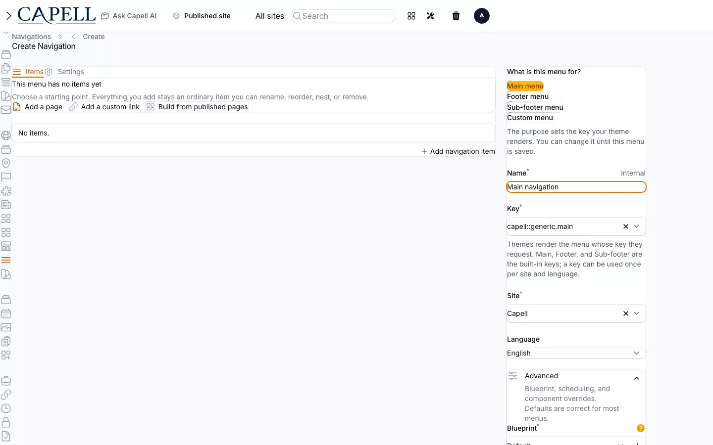 Navigation screenshot showing create/edit navigation form on desktop.
