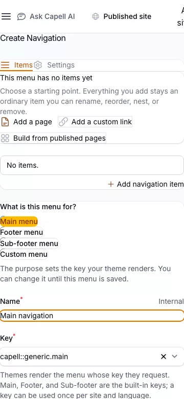 Navigation screenshot showing create/edit navigation form on mobile.