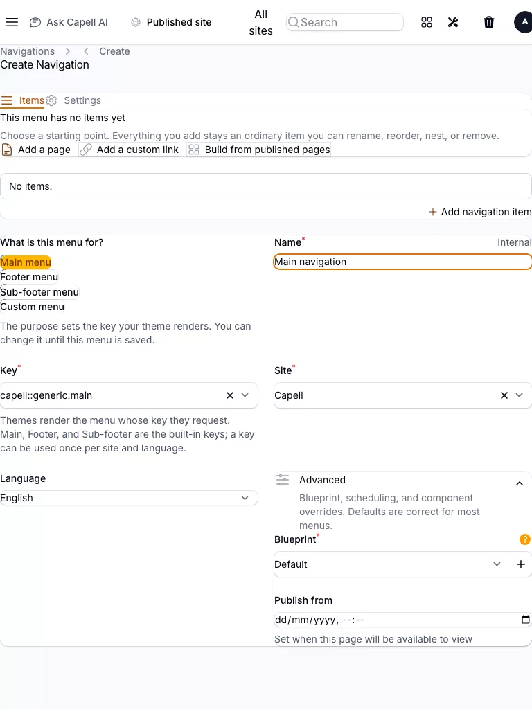 Navigation screenshot showing create/edit navigation form on tablet.