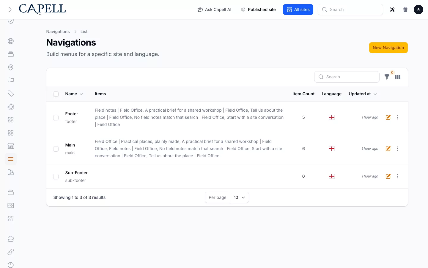 Navigation screenshot showing navigation admin index.