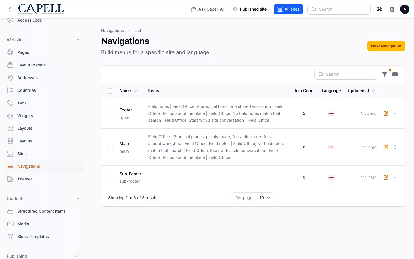 Navigation screenshot showing navigation admin index with admin sidebar menu open.
