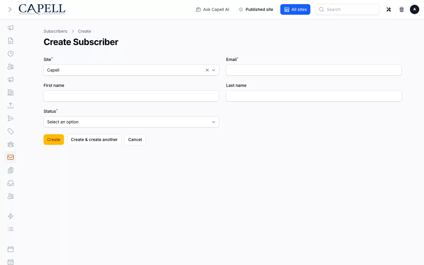 A marketer edits subscriber identity, status, site, tags, and consent-related fields.