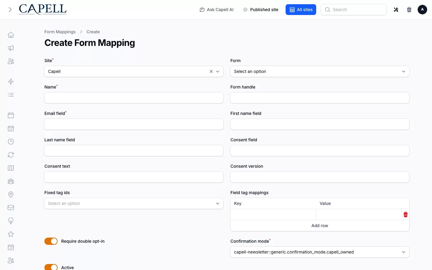 A marketer maps a seeded form-builder form into newsletter subscription handling.
