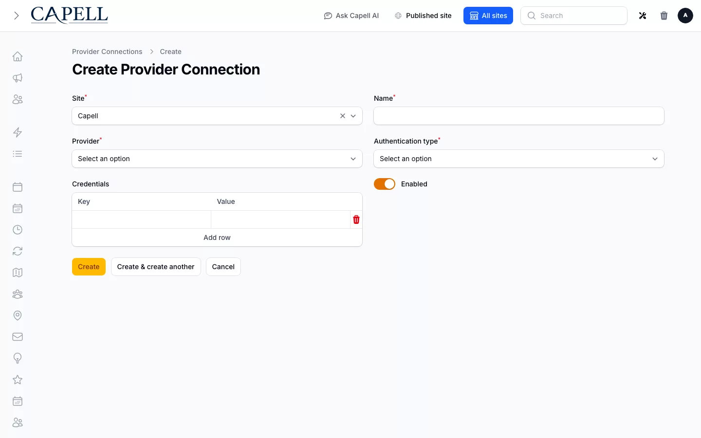 An operator configures a newsletter provider connection using demo-safe credentials.