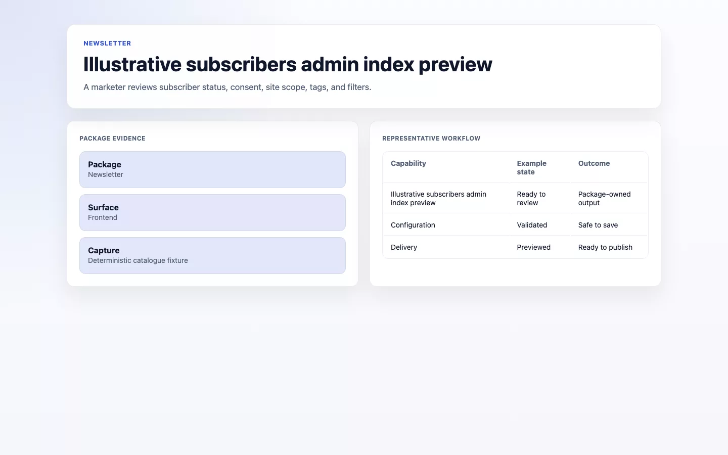 A marketer reviews subscriber status, consent, site scope, tags, and filters.