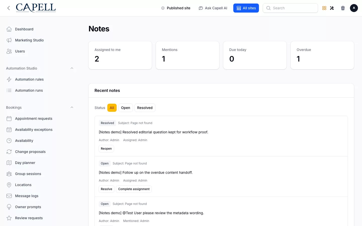Notes screenshot showing notes inbox page with admin sidebar menu open.