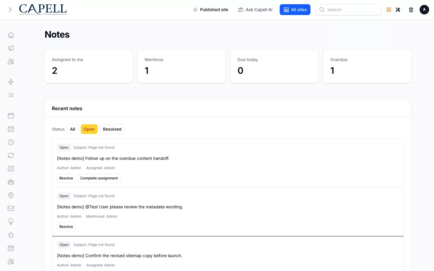 Notes screenshot showing notes inbox with assigned, mentioned, and lifecycle controls.
