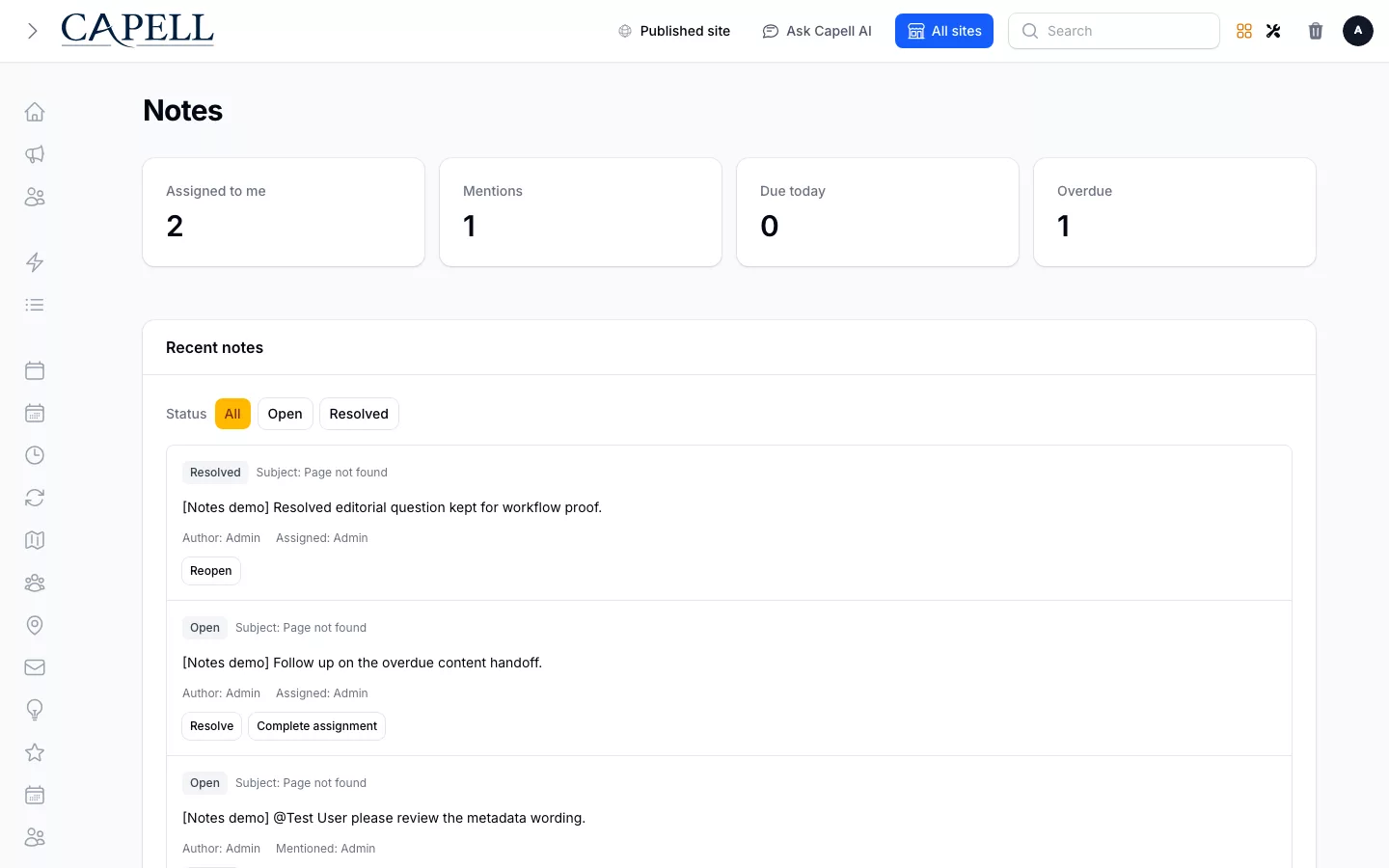 Notes inbox with assigned notes, mentions, and lifecycle controls