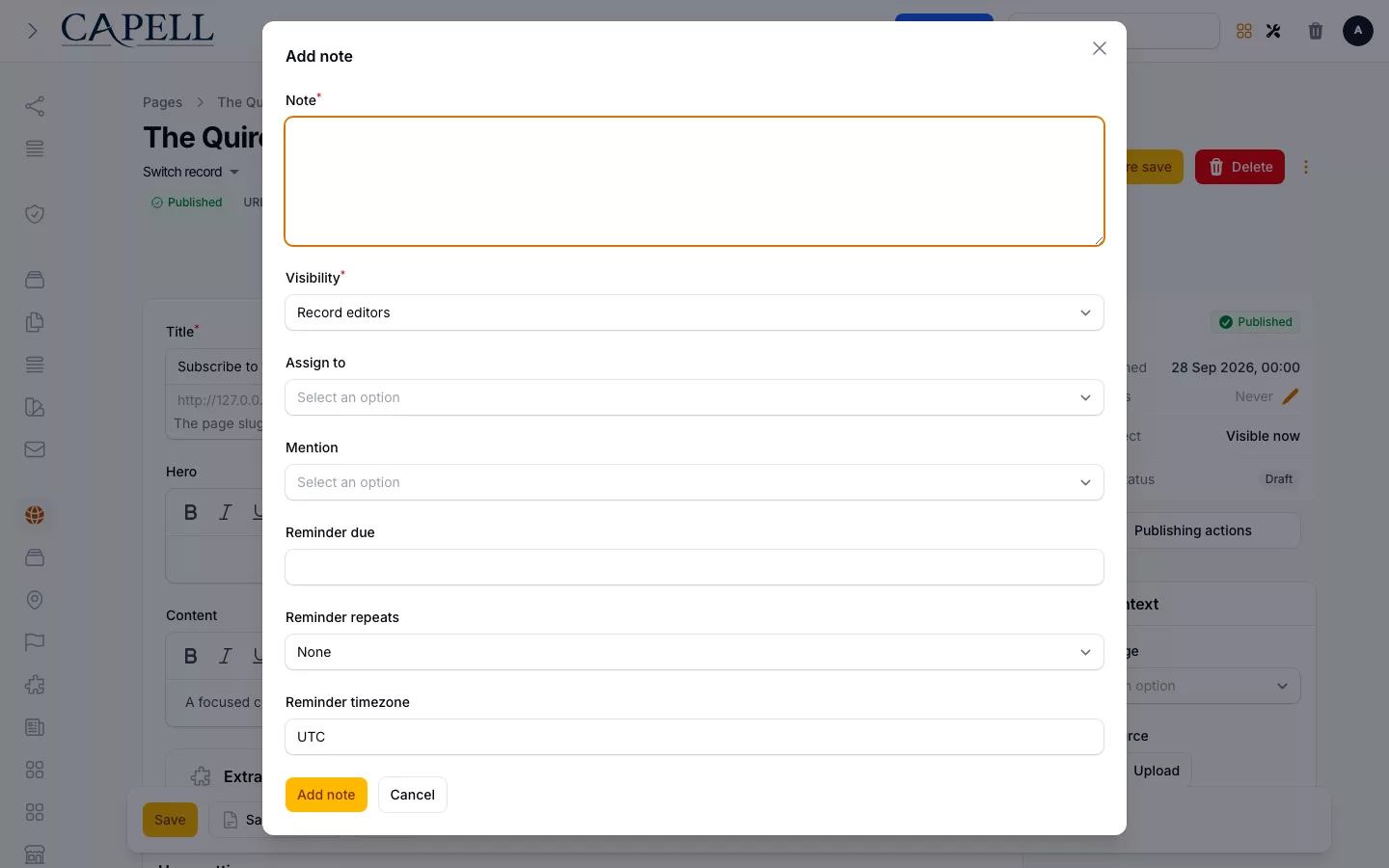 Record-level Add note modal on a Capell page edit screen