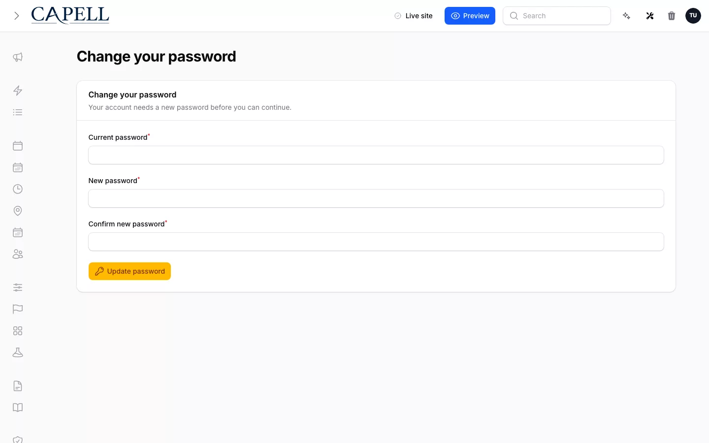 Forced password change form for flagged administrators